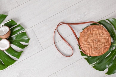 Photo of Flat lay composition with bamboo bag and space for text on wooden background