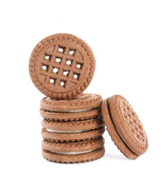 Photo of Tasty chocolate sandwich cookies on white background