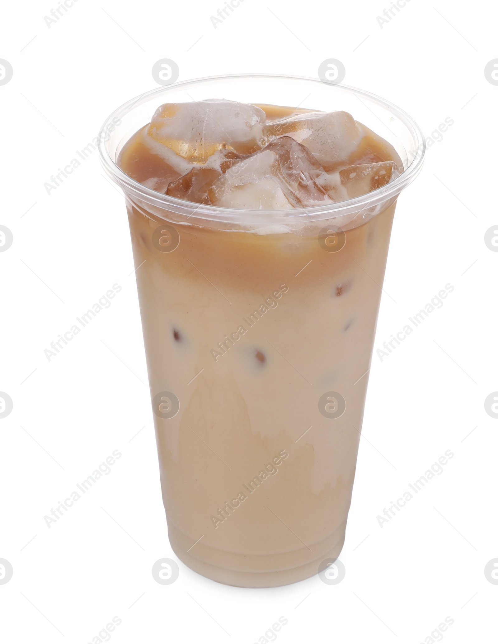 Photo of Plastic cup of fresh iced coffee isolated on white
