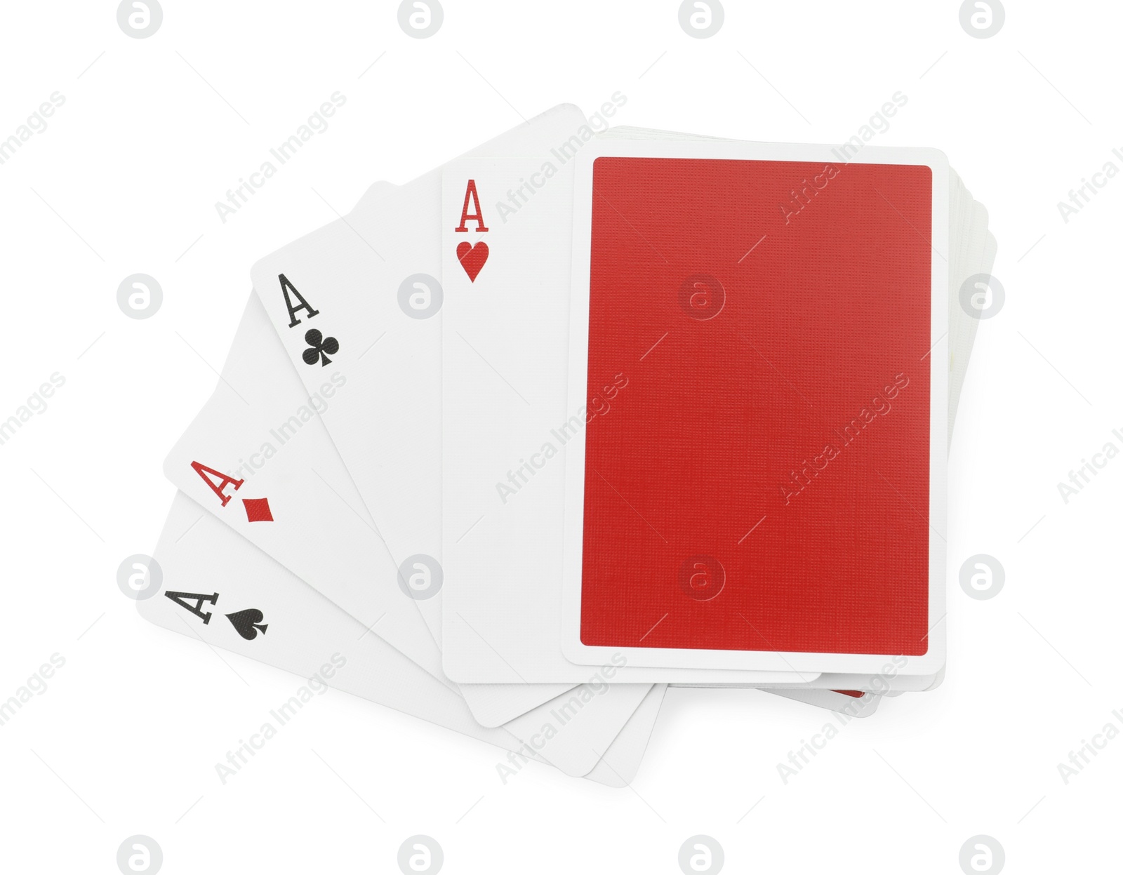 Photo of Four aces playing cards and deck on white background, top view