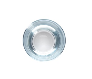 Photo of Glass of fresh water on white background, top view