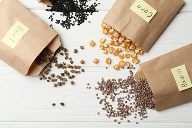 Different vegetable seeds on white wooden table, flat lay