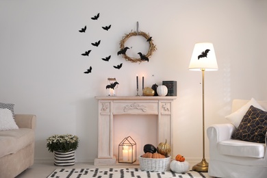 Photo of Modern room decorated for Halloween. Idea for festive interior