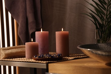 Beautiful composition with different spa products on table indoors