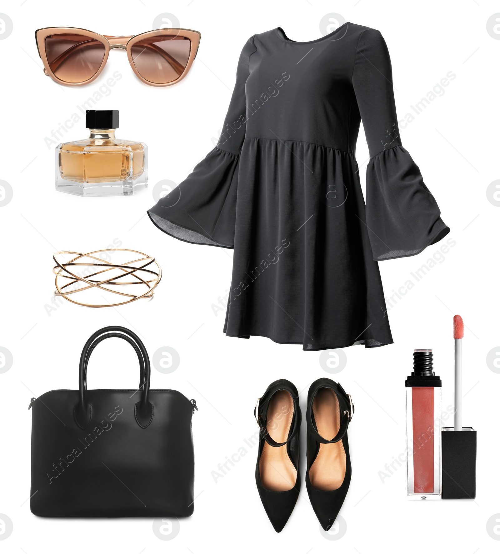 Image of Elegant look. Collage with dress, shoes, accessories and cosmetics for woman on white background