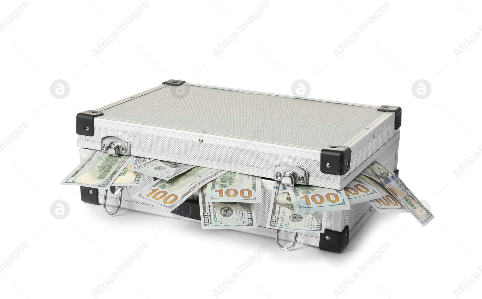 Photo of Hard case full of money on white background