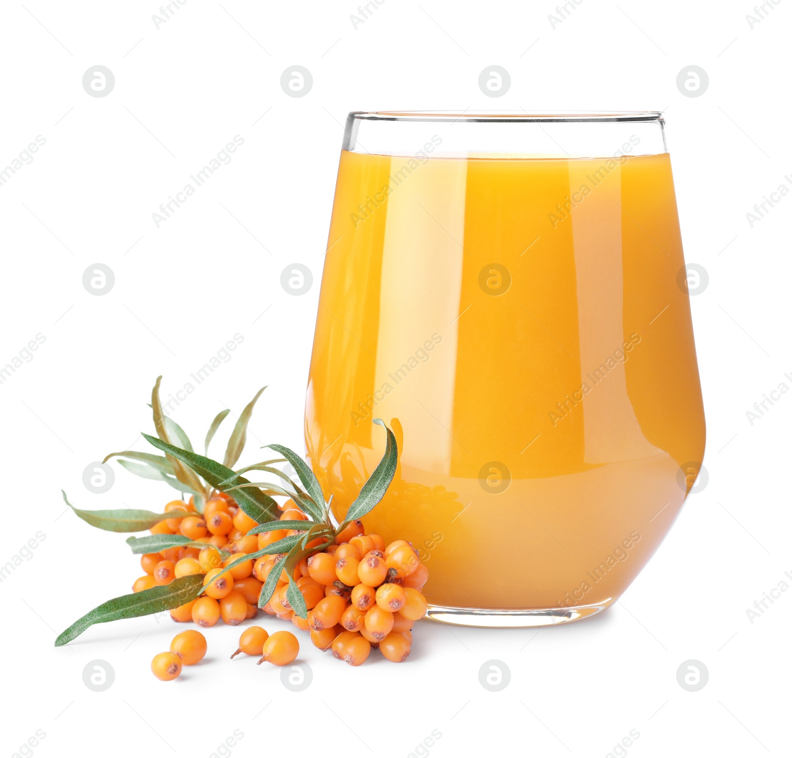 Photo of Delicious sea buckthorn juice and fresh berries isolated on white