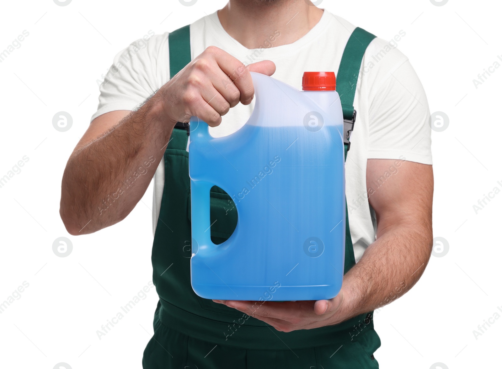 Photo of Man holding canister with blue liquid on white background, closeup