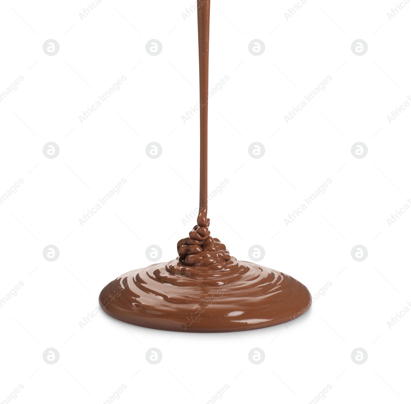 Photo of Pouring tasty melted milk chocolate isolated on white