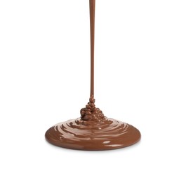 Photo of Pouring tasty melted milk chocolate isolated on white