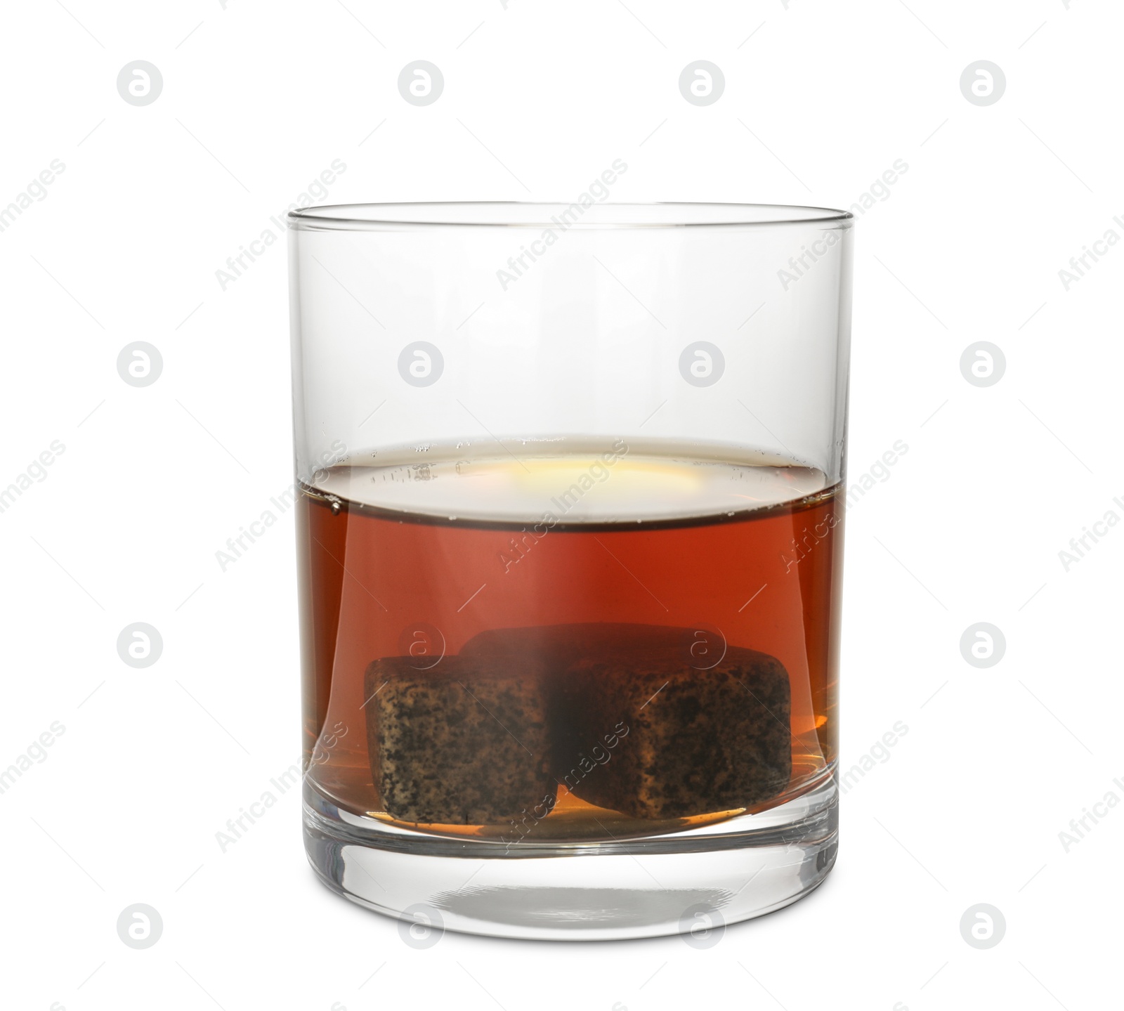 Photo of Glass of scotch whiskey on white background