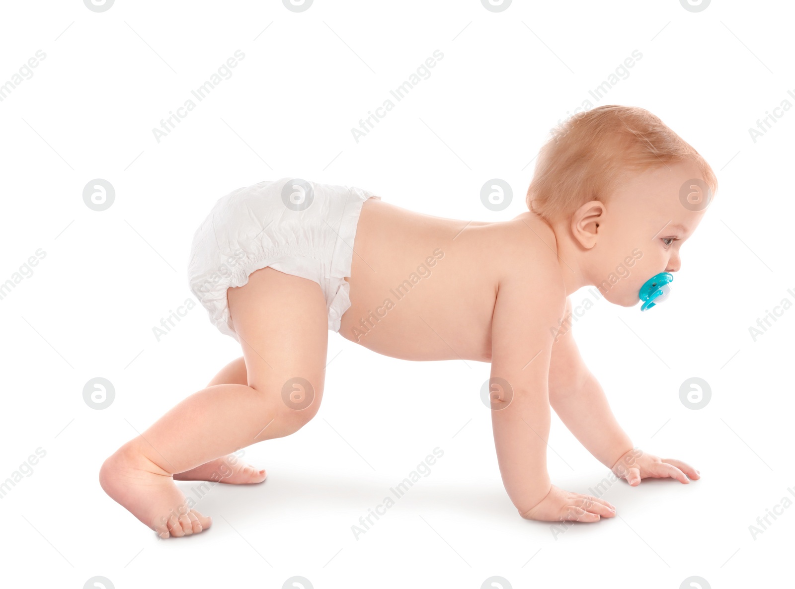 Photo of Cute little baby crawling on white background