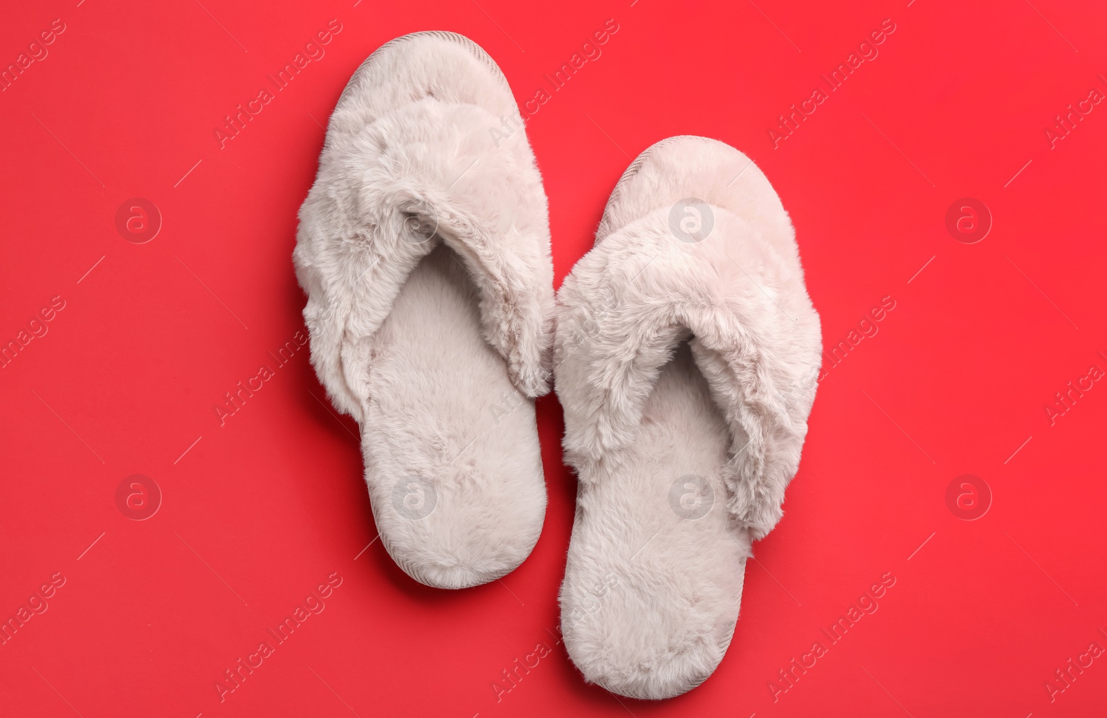 Photo of Pair of stylish soft slippers on red background, flat lay