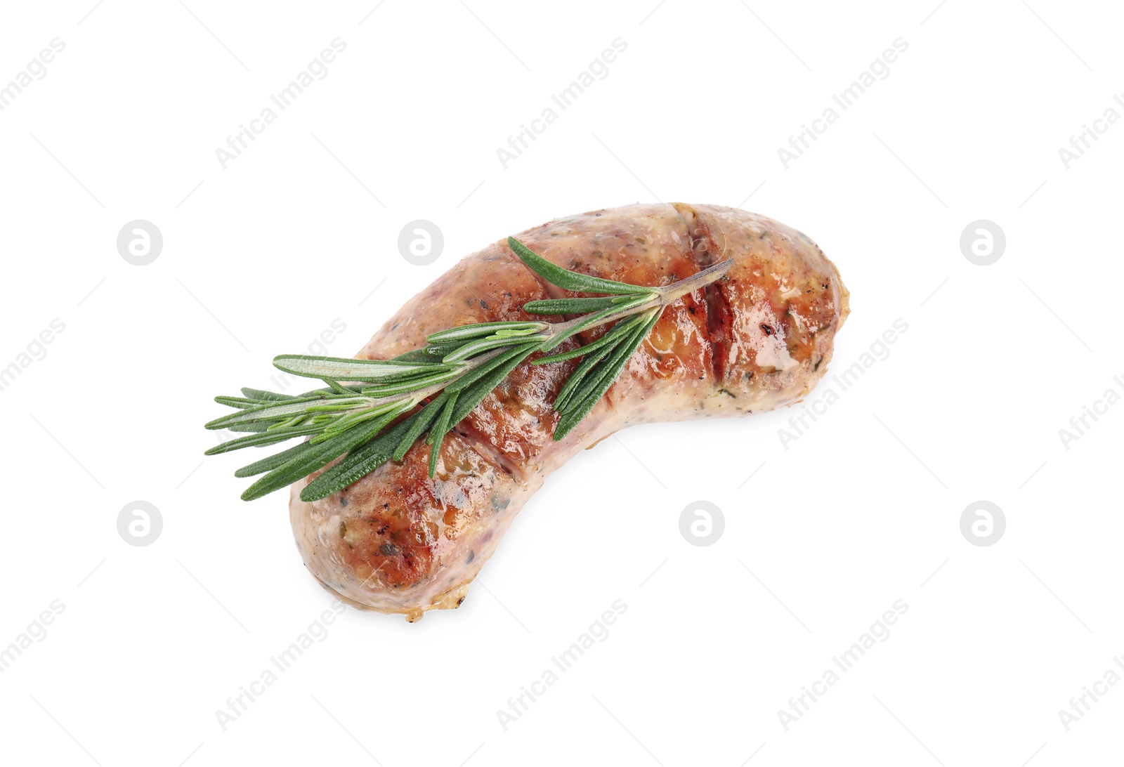 Photo of Grilled sausage and rosemary isolated on white, top view