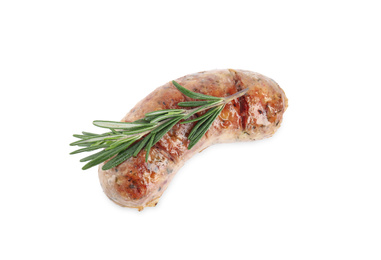Grilled sausage and rosemary isolated on white, top view