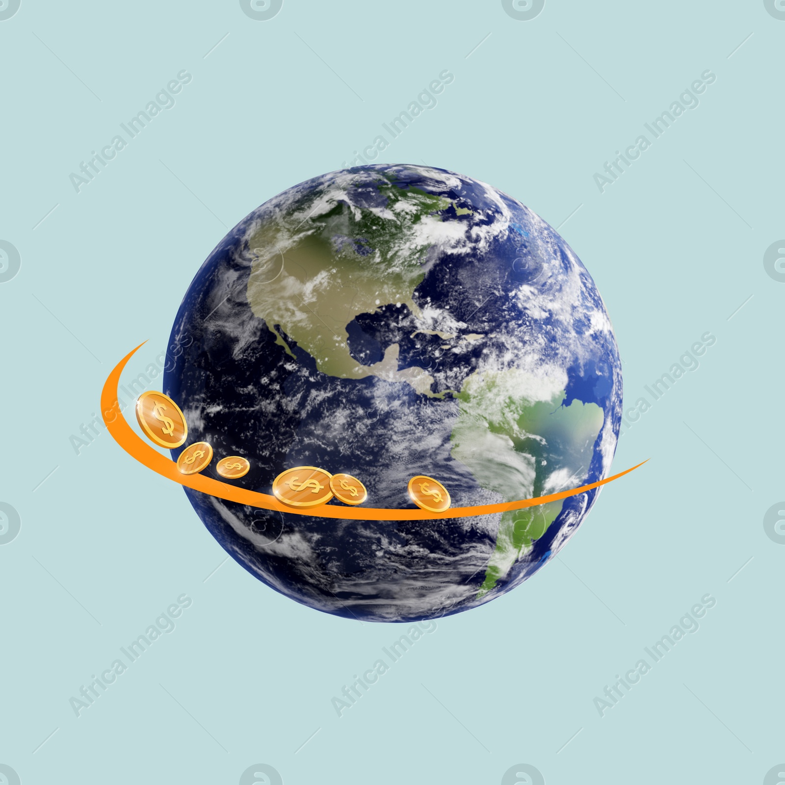 Image of Coins flying around planet symbolizing money transaction. Illustration on light blue background