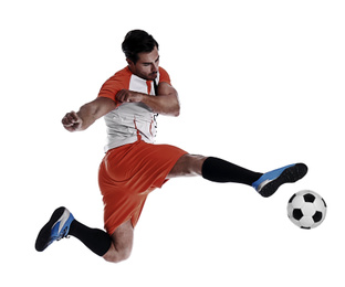 Image of Young man playing football on white background