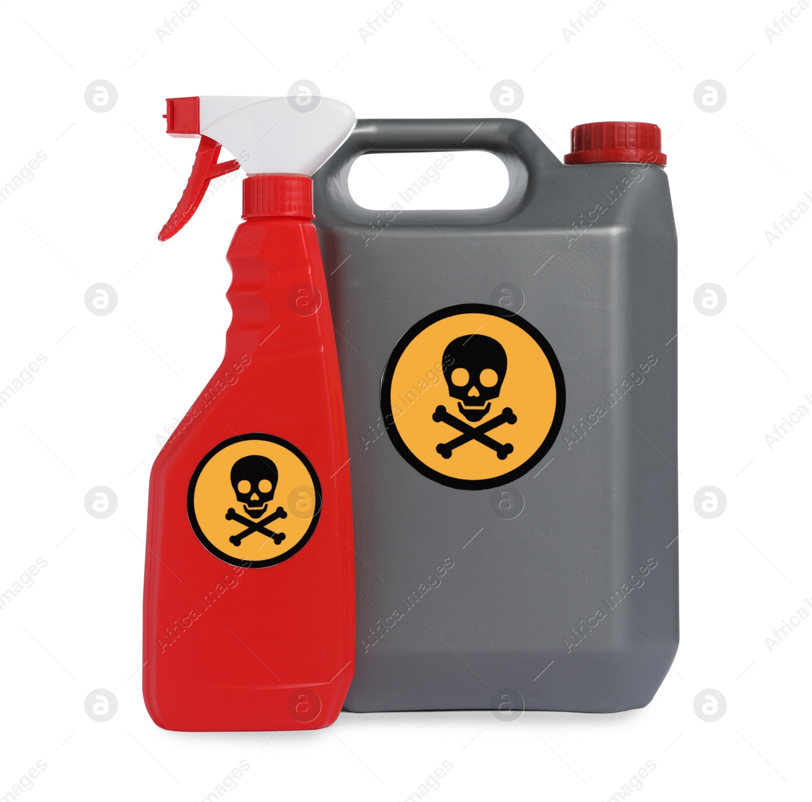 Photo of Bottles of toxic household chemicals with warning signs on white background