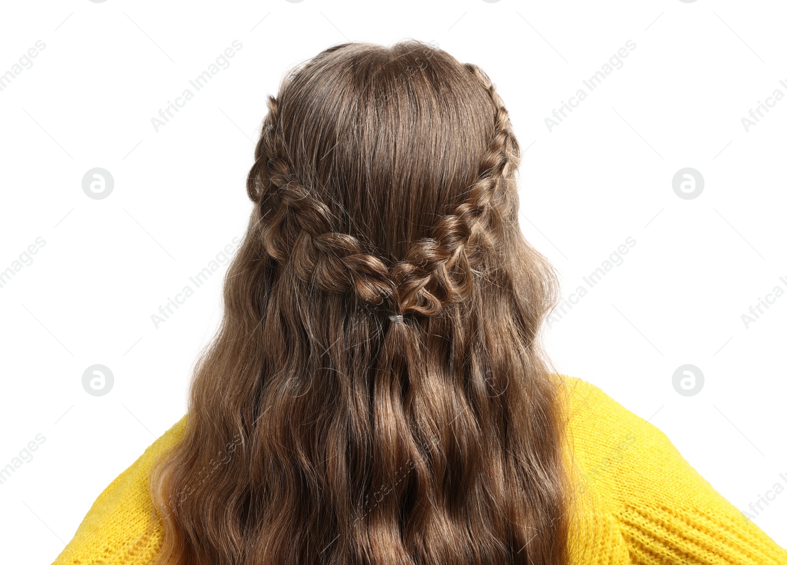 Photo of Little girl with braided hair on white background, back view