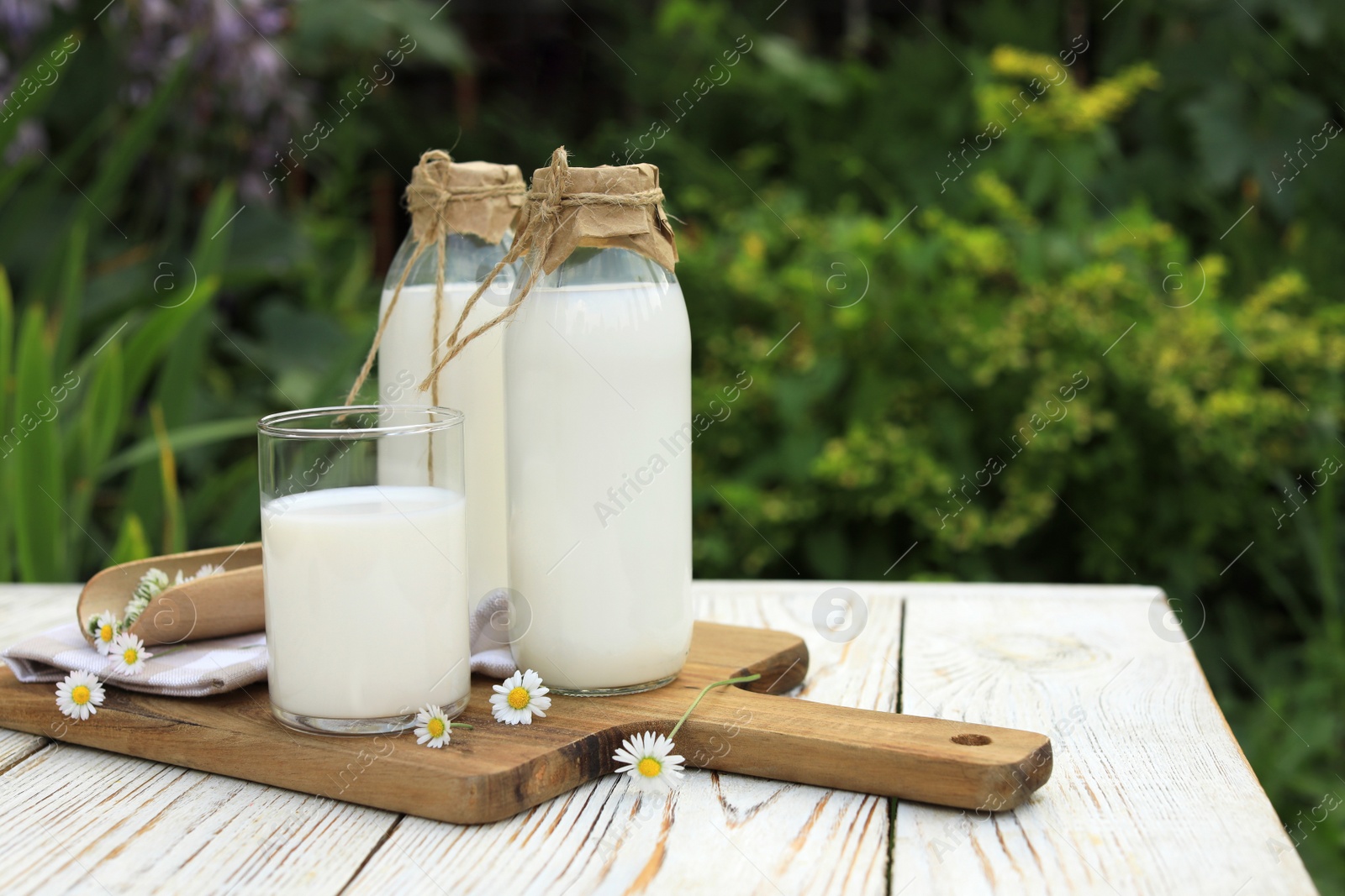 Photo of Tasty fresh milk and chamomile flowers on white wooden table outdoors, space for text