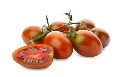 Branch of red grape tomatoes on white background