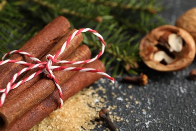 Different aromatic spices and fir branches on grey textured table, closeup