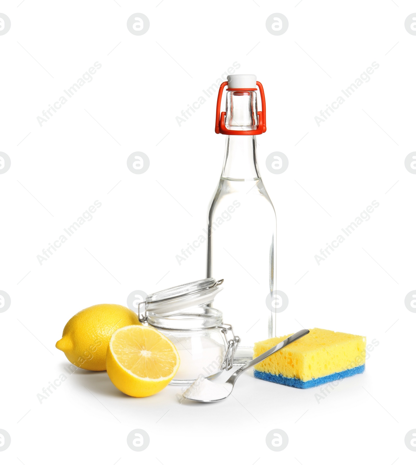 Photo of Composition with vinegar, lemons and baking soda on white background. House cleaning