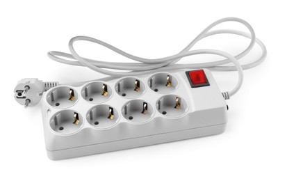 Photo of Power strip with extension cord on white background. Electrician's equipment