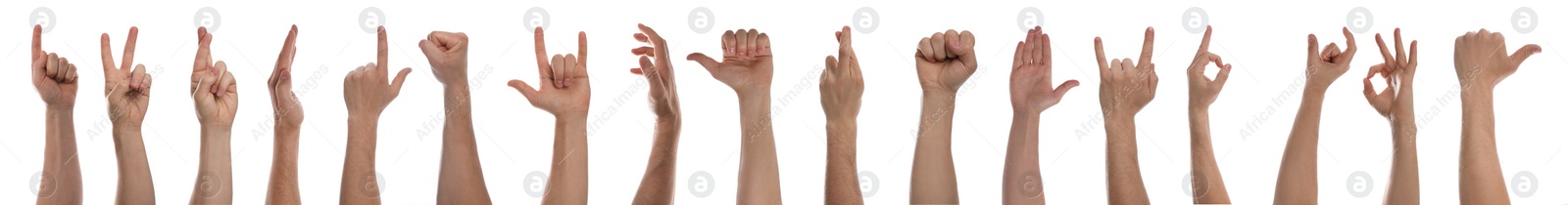 Image of Collage with  man showing different gestures on white background, closeup view of hands. Banner design