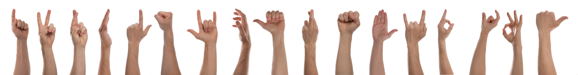 Image of Collage with  man showing different gestures on white background, closeup view of hands. Banner design