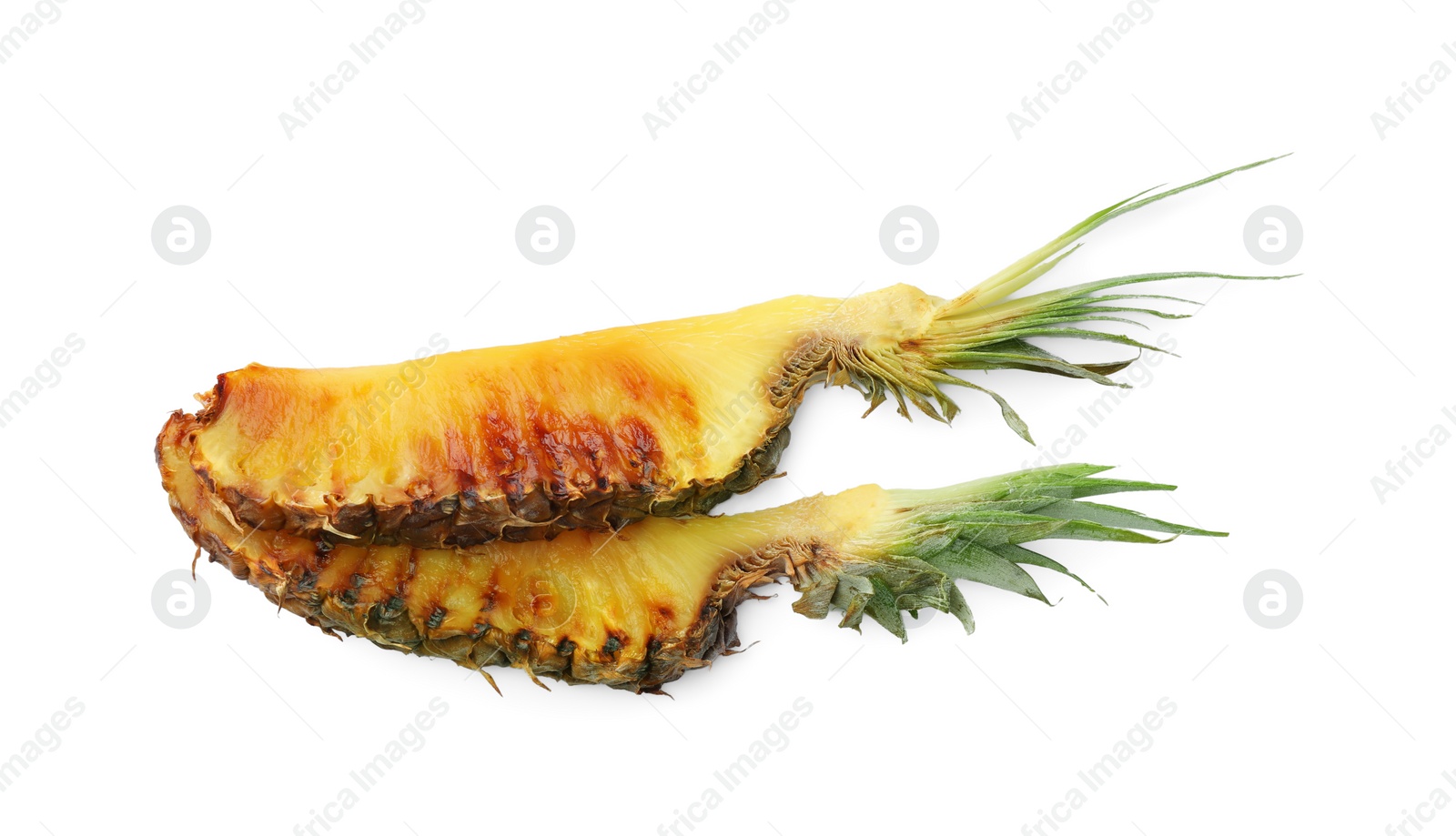 Photo of Pieces of tasty grilled pineapple isolated on white, top view