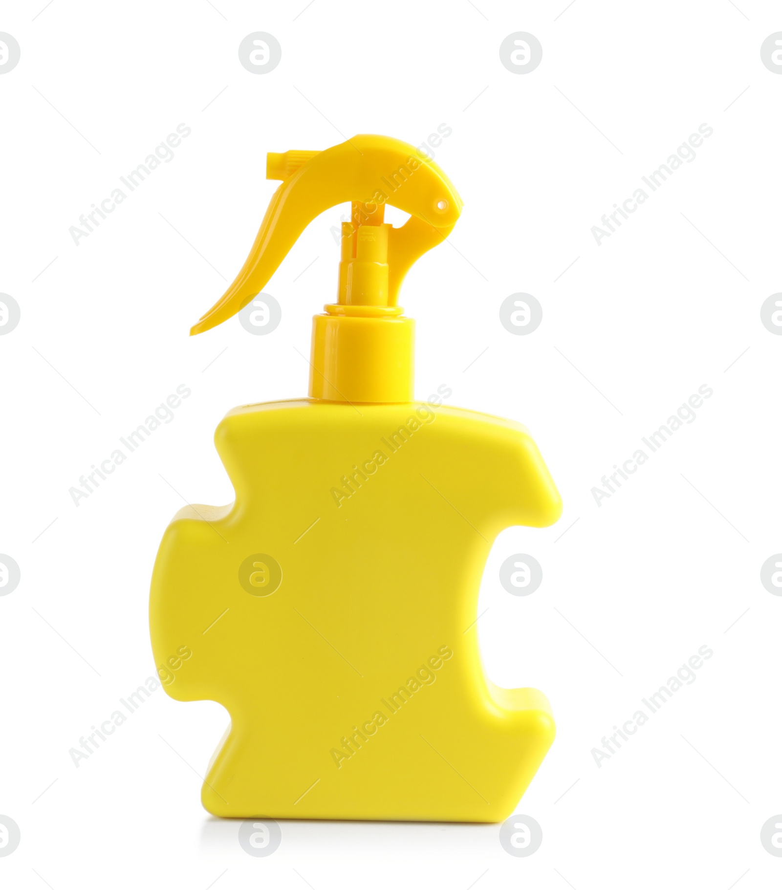 Photo of Bottle with sun protection body cream on white background