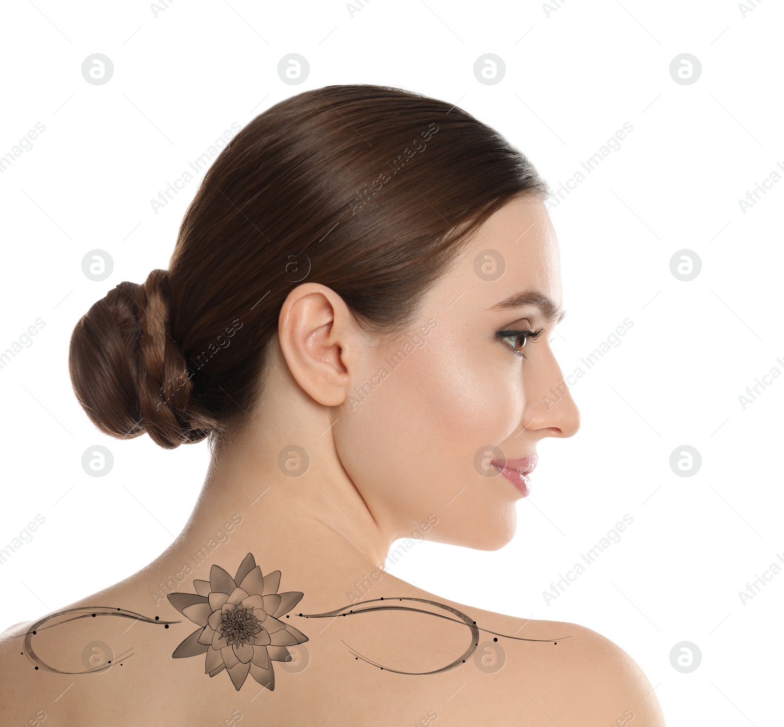 Image of Smiling young woman with beautiful flower tattoo on white background, back view