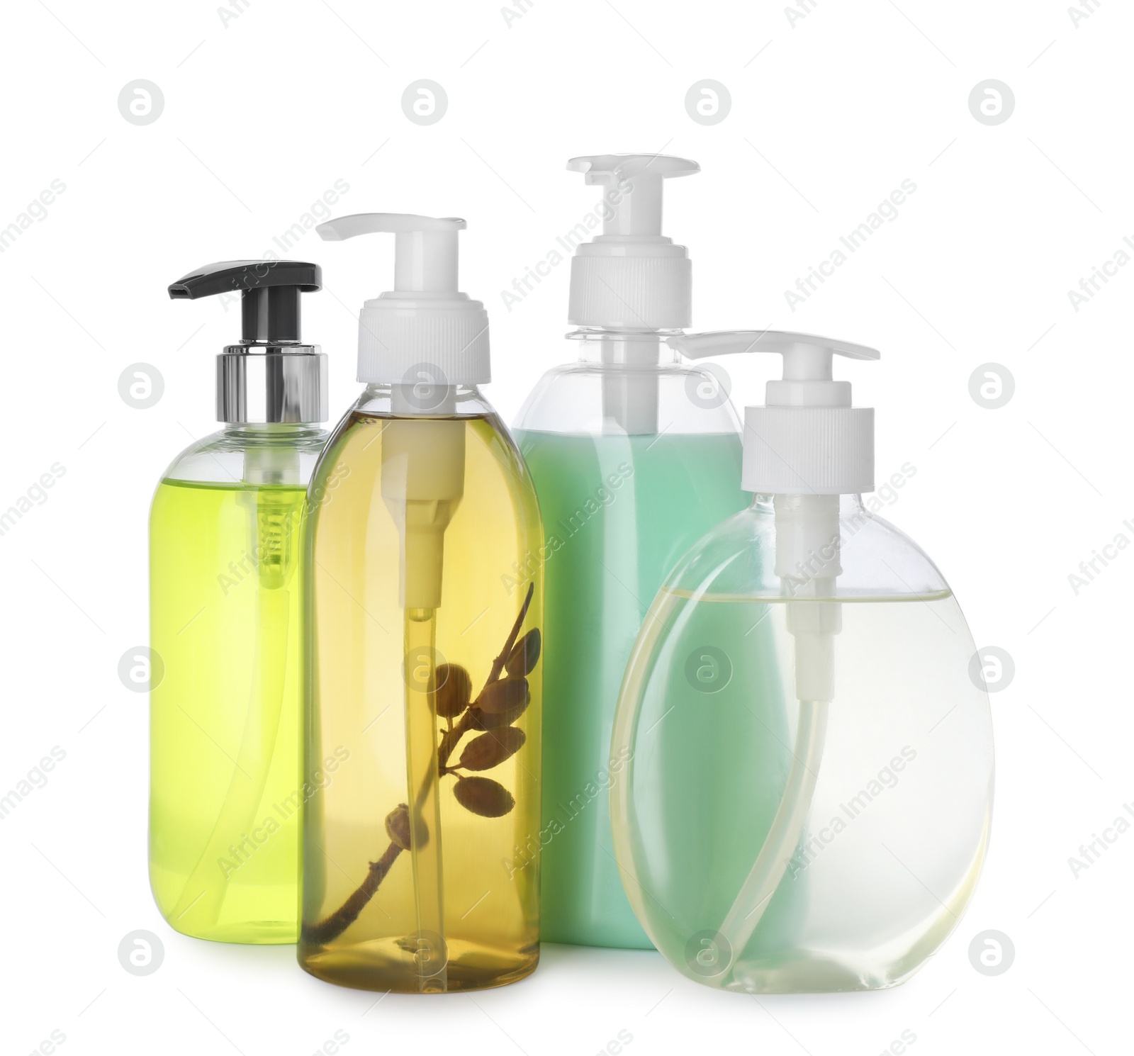 Photo of Dispensers of liquid soap on white background