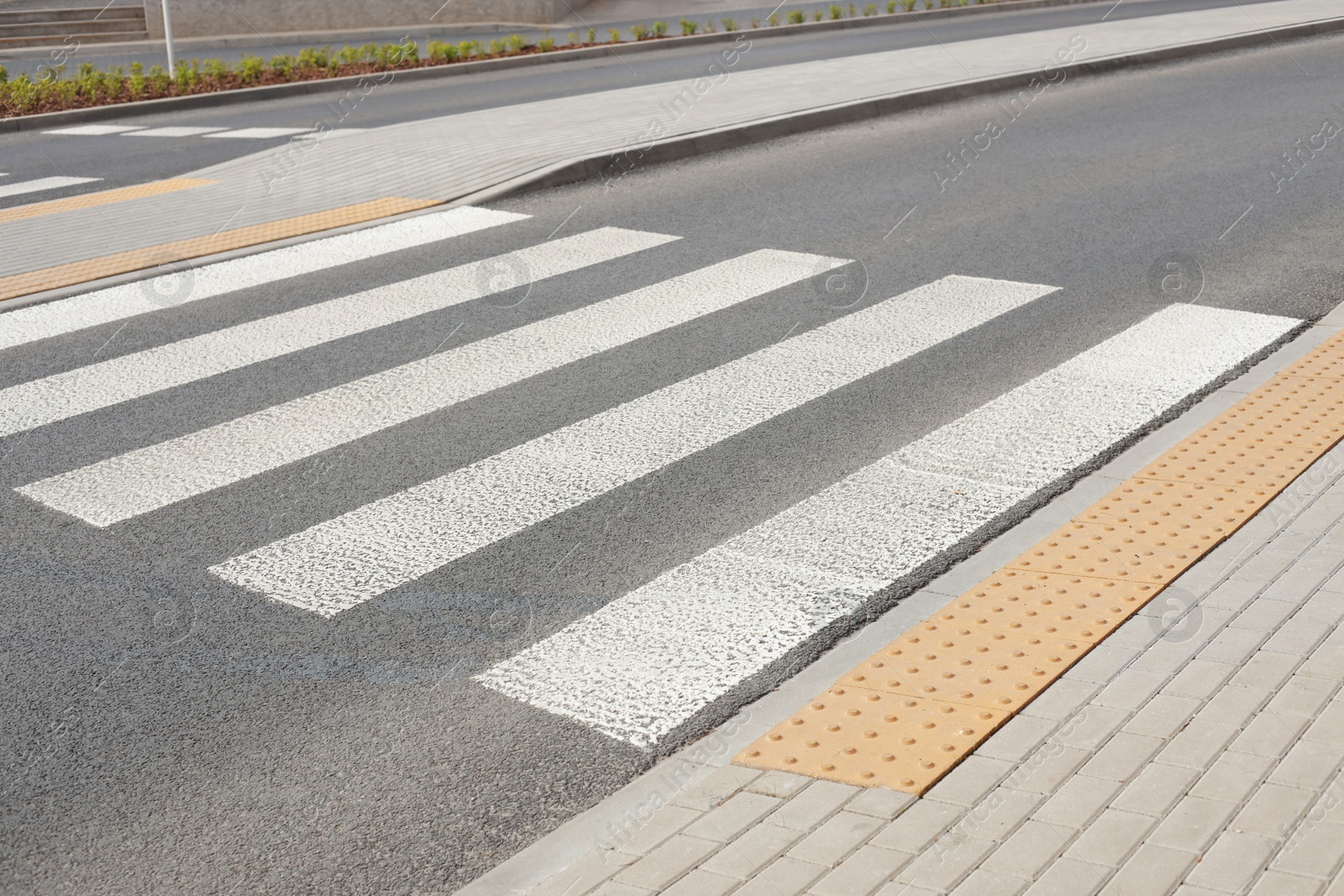 Photo of Asphalt road with pedestrian crossing on city street