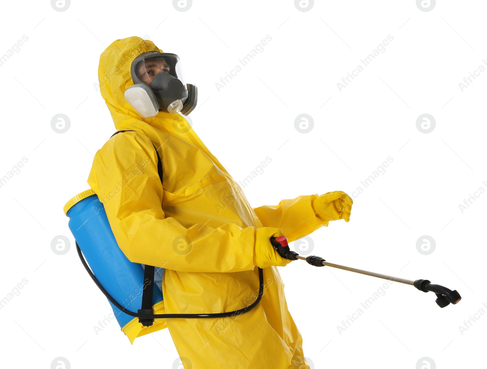 Photo of Man wearing protective suit with insecticide sprayer on white background. Pest control