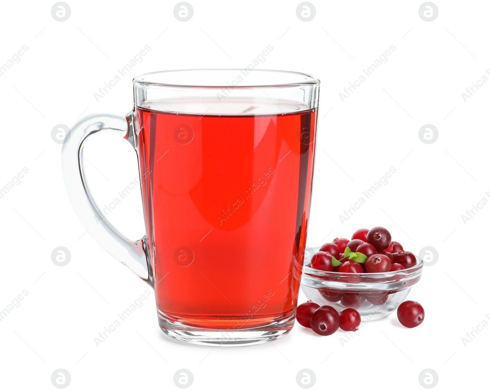 Photo of Cup of delicious cranberry tea and berries isolated on white