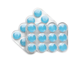 Photo of Blisters with blue cough drops on white background, top view