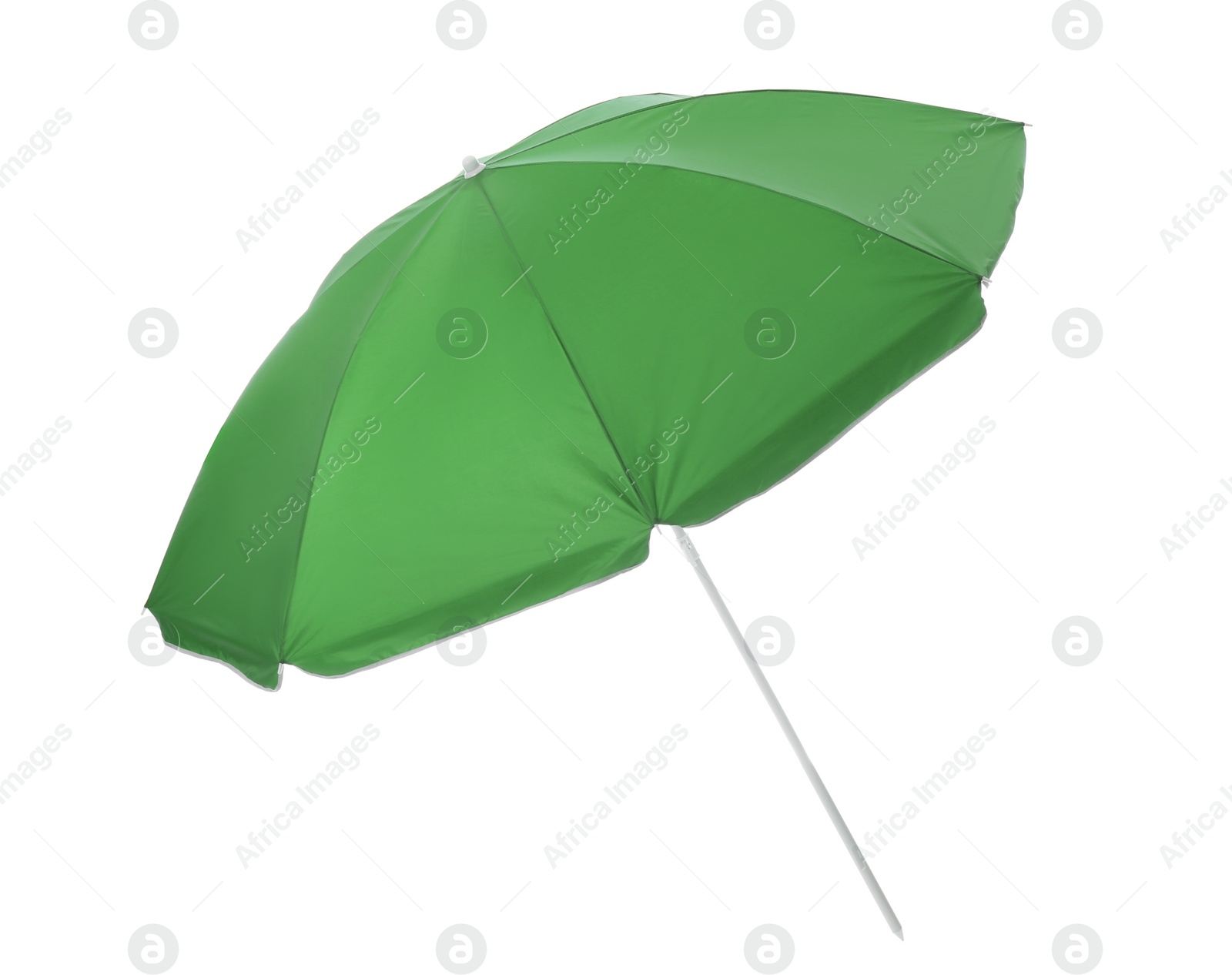 Photo of Open green beach umbrella isolated on white