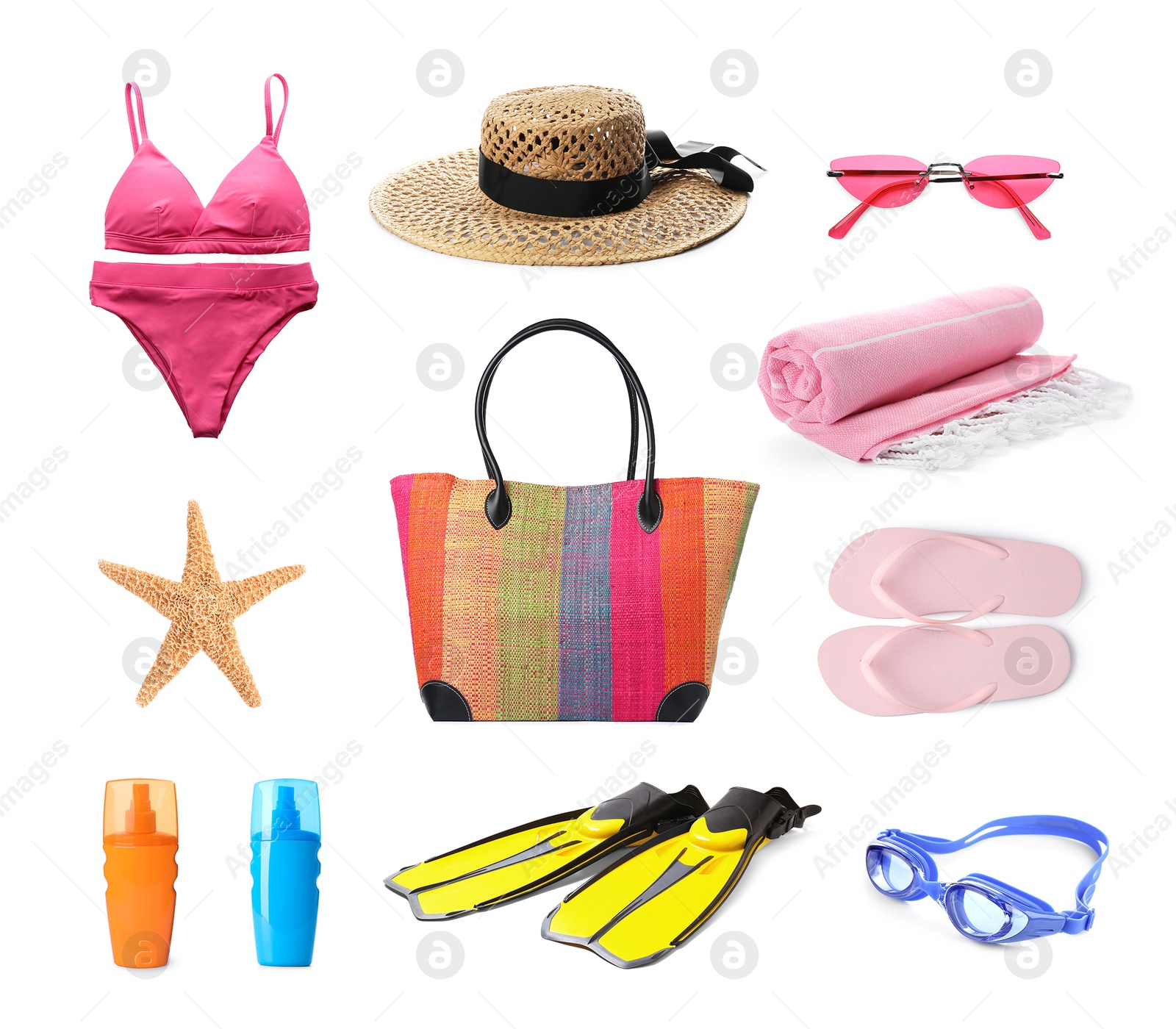 Image of Set with stylish beach bag and other accessories on white background