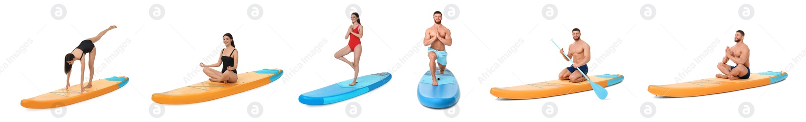 Image of Collage with photos of young man and woman practicing yoga on sup boards isolated on white