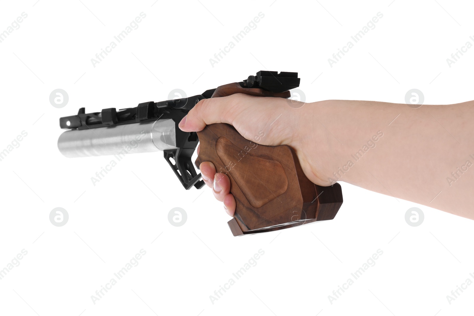 Photo of Gun shooting sport. Man aiming standard pistol on white background, closeup