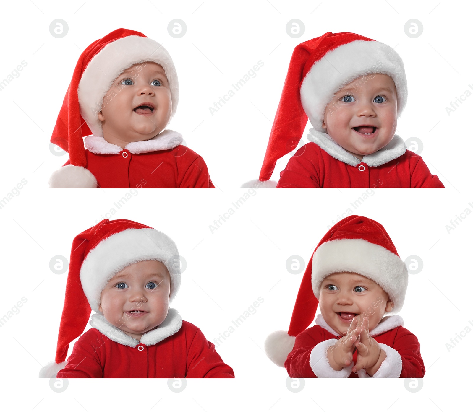 Image of Collage with photos of cute baby on white background. First Christmas 