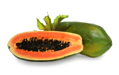 Photo of Fresh juicy ripe papayas with leaf on white background