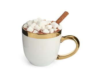 Cup of delicious hot chocolate with marshmallows and cinnamon stick isolated on white