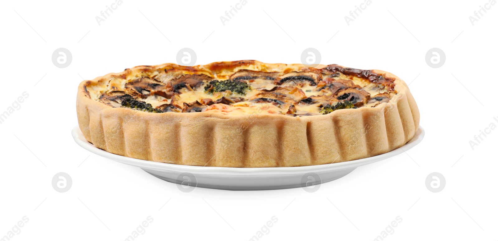 Photo of Delicious quiche with mushrooms isolated on white