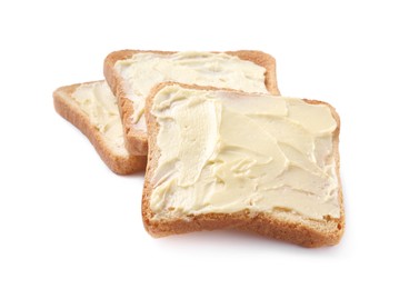 Tasty toasts with butter on white background