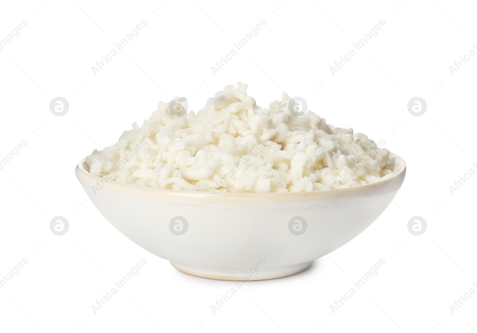 Photo of Bowl with delicious mozzarella cheese on white background