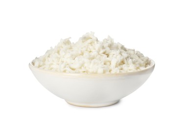 Bowl with delicious mozzarella cheese on white background