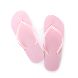 Photo of Light pink flip flops isolated on white, top view. Beach accessory